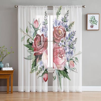 Bloem Rose Sheer Gordijnen voor Woonkamer Transparante Tule Raambehandelingen Slaapkamer Keuken Home Decor Sluier Gordijnen 135W x 114H(cm) gray