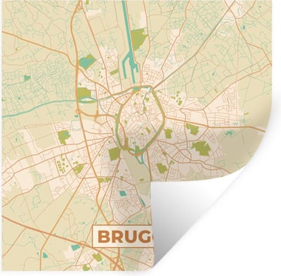 Muurstickers - Sticker Folie - Brugge - Kaart - Plattegrond - Brugge - Stadskaart - 100x100 cm - Plakfolie - Muurstickers Kinderkamer - Zelfklevend Behang XXL - Zelfklevend behangpapier - Stickerfolie