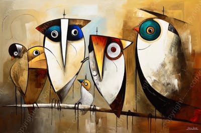 John Joseb Art (Canvas) 60x40 | Uilen op een tak, abstract surrealisme, Joan Miro stijl, humor, kunst | dier, boom, vogel, uil, rood, bruin, blauw, modern | Foto-Schilderij canvas print (wanddecoratie)