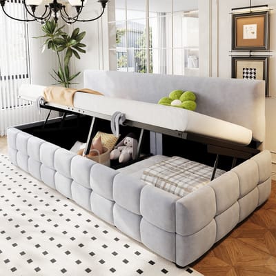 MODENUIT Gestoffeerd bed 90x200 cm – Hydraulische opbergruimte – Rugleuning zonder armleuningen – Zonder matras – Lichtgrijs