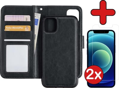 Hoesje - 2 in 1 - Geschikt voor Apple iPhone 12 - Met 2x Screenprotector - En Uitneembare Hard Cover - Kunstleer - Bookcase - Wallet Case - Met Pasjeshouder - Book Case - Uitneembaar - Pashouder - Kunstleer - Telefoonhoes - Zwart