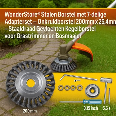 WonderStore© Stalen borstel met 7-delige adapterset, onkruidborstel 200 mm x 25,4 mm, staaldraad gevlochten, kegelborstel voor grastrimmer, bosmaaier, tegen onkruid, mos, hardnekkige afzettingen en verontreinigingen