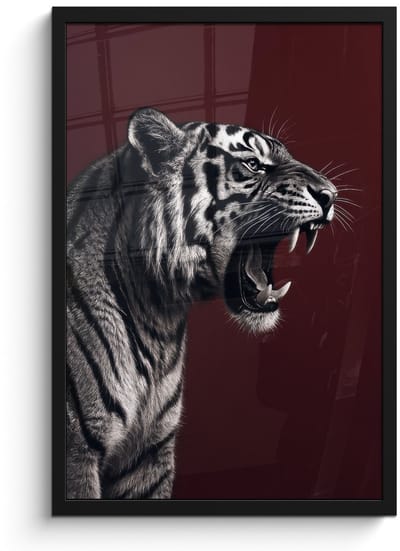 Poster in lijst - Fotolijst 40x60 cm - Posters - Tijger - Brult - Bordeaux - Posterlijst zwart - Decoratie - Wanddecoratie woonkamer - Muurdecoratie slaapkamer
