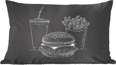 Sierkussens - Kussentjes Woonkamer - 60x40 cm - Hamburger - Friet - Frisdrank - Krijttekening