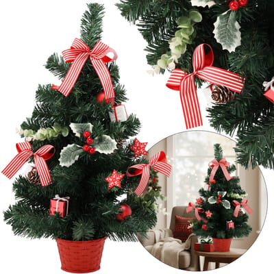 KLEINE Kunstkerstboom, rood met hulst in pot, VERSIERD 60 cm