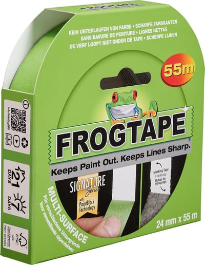 FrogTape Multi-Surface - Fijncrêpe schilderstape / Afplaktape - 24 mm x 55 m met PaintBlock technologie voor extra scherpe verfranden - Universeel gebruik op diverse ondergronden binnen en buiten - Schoon te verwijderen en voor watergedragen verf