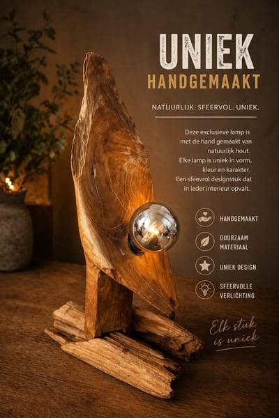 Uniek Handgemaakte Houten Design Lamp Tafellamp 34x60cm