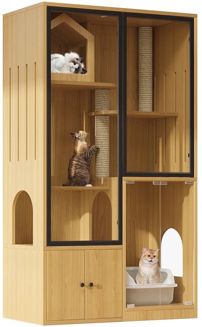 NordHaus Kattenhuis - Kattenren met Glazen Deur - Meerlaags Klimmeubel met Krabpaal en Opbergruimte - 90x50x160 cm