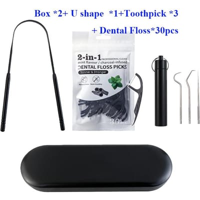 Set de Cure-dents de Poche en Acier Inoxydable Noir Cure-dents Métalliques Réutilisables Charbon Noir Fil Dentaire Grattoir à Langue Kit de Nettoyage Qualité Professionnelle marron