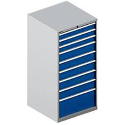 Schäfer Shop Select Ladekast  36-36, 9 schuifladen, tot 75 kg, B 717 x D 725 x H 1450 mm, blank aluminium/gentiaanblauw