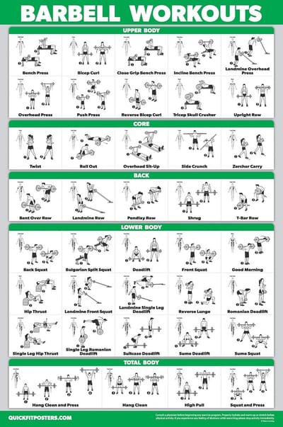 Barbell Workout Poster - Oefening Poster - Fitness Training - Dubbelzijdig Gelamineerd - 18 x 24 inch - Mat
