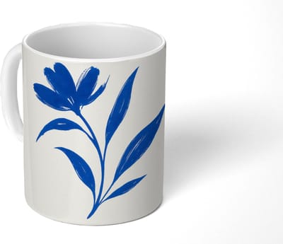 Mok - Koffiemok - Bloem - Blaadjes - Minimalistisch - Blauw - Mokken - 350 ML - Beker - Koffiemokken - Theemok