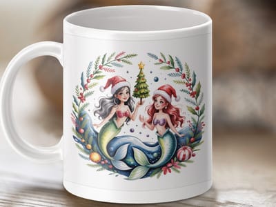 Mok Kerst Zeemeerminnen, feestelijke mok, vakantie cadeau idee, Kerstmis decoratie, Kawaii Mok, Zeemeerminnen Kerstmis thema Mok