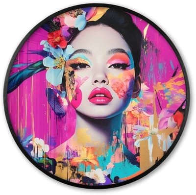 Poster in lijst Rond - Fotolijst 60x60 cm - Posters - Vrouw - Portret - Abstract - Paars - Ronde posterlijst zwart - Decoratie - Wanddecoratie woonkamer - Muurdecoratie slaapkamer