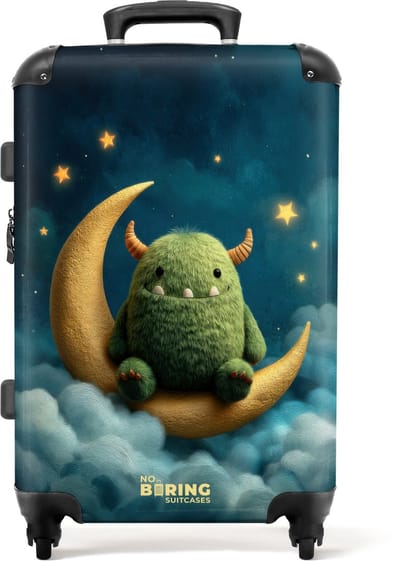 NoBoringSuitcases.com - Grote koffer - Groen monster op de maan - Kinderkoffer geschikt voor jongen en meisjes - Reiskoffer met 4 wielen - Trolley op wieltjes - Rolkoffer groot kinderen - 72 liter - Ruimbagage valies 20kg