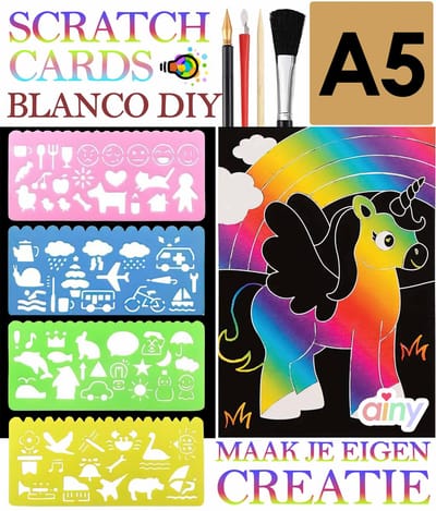 Ainy - Scratch Art Blanco | 20 krasvellen + 3 kraspennen | Kras tekeningen | Schilderen op kleuren kunst kraskaart | hobby & creatief voor volwassenen en kinderen | Knutselen - ontspanningspakket | DIY schilderijen set nummer 6