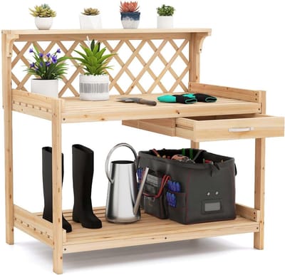 KOMFOTTEU Houten verpottafel, tafel voor zaailingen en tuinwerk met rooster, planken en opberglade, tafel voor planten binnen en buiten, terras, balkon, veranda