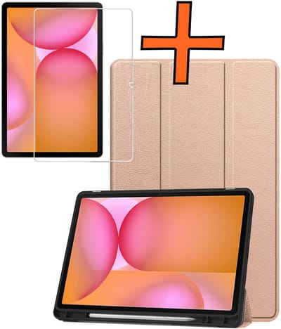 Hoesje - Geschikt voor Samsung Galaxy Tab S10 FE - Met Screenprotector - Trifold Bookcase - Hard Cover Case - Met Uitsparing Geschikt voor S Pen - Hardcover Book - Tablet Hoes - Rosé goud