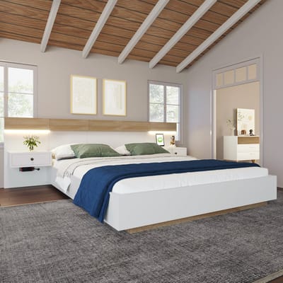 DESMIU Tweepersoonsbed 140 x 200 cm - Zwevend Bed Met 2 Led Nachtkastjes En Oplaadfunctie - Met Opbergladen - Voor Slaapkamer - Hout - Wit Eiken Zonder Matras