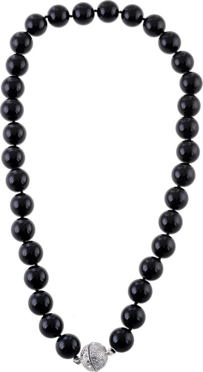 Behave - Parel Ketting - Dames - Handgeknoopt - 12mm Parels - 46cm - Zwart - Magneetsluiting met Strass - Klassiek & Elegant