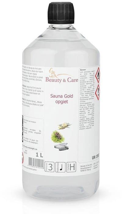 Beauty&Care® - Sauna Gold opgietmiddel - saunageuren - gebruik 5 ml per liter water - Eucalyptus, Dennen en Menthol - tot 100 x opgieten - 1 Liter fles