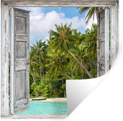 Muurstickers - Sticker Folie - Palm - Zee - Doorkijk - Tropisch - 100x100 cm - Plakfolie - Muurstickers Kinderkamer - Zelfklevend Behang XXL - Zelfklevend behangpapier - Stickerfolie