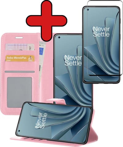 Hoesje - Met Screenprotector - Geschikt voor OnePlus 10 Pro - Luxe Pasjeshouder - Flipcase - Bookcase Portemonee - Flip Case - Kunstleer Book Case - Book Cover - Walletcase - Portemonneehoes - Telefoonhoes - Lichtroze