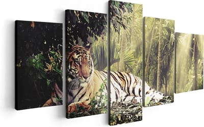 Artaza Canvas Schilderij Vijfluik Tijger In De Jungle Met Zonneschijn - 100x50 cm - Wanddecoratie Woonkamer - Schilderijen - Muurdecoratie