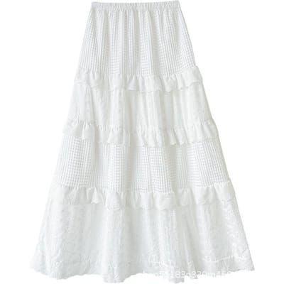 Witte kanten rok voor dames in de zomer Nieuwe Franse balletstijl pofrok hoge taille A-lijn lange rok XL white