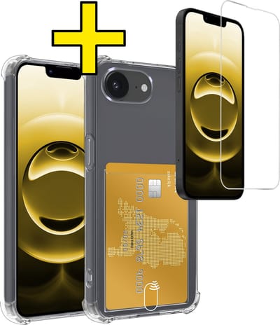 Hoesje - Geschikt voor Apple iPhone 16e - Met Screenprotector - En Pashouder - En Kaarthouder - Telefoon Hoes Shockproof - Siliconen Case - Back Cover - Shock Proof - Pasjes Houder - Telefoonhoesjes - Transparant