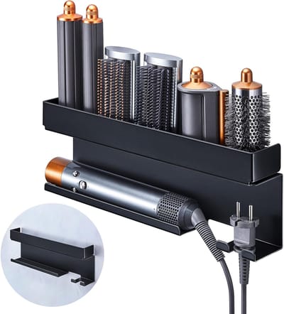 Föhnhouder Wandmontage - Opbergrek voor Föhn, Krultang en Stijltang - Montage met of zonder Boren - Organizer voor Haarstylingtools en Accessoires - Aluminium - Zwart