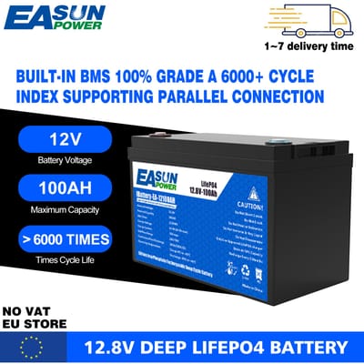 EASUN Draagbare LiFePo4 Batterij Met Ingebouwde BMS 100AH 300AH 12V 24V Zonnebatterij Voor Kamperen, Klasse A, Levensduur 6000 Cycli Voor Consumentenelektronica