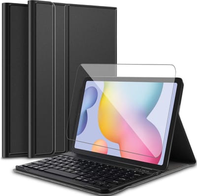 Hoes met toetsenbord geschikt voor Samsung Galaxy Tab S6 Lite 2024 / 2022 / 2020 - Screen Protector GlassGuard - Keyboard Book Case Cover Hoesje Zwart & Screenprotector