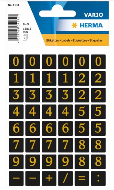 Herma Stickervel nummers - cijfers / getallen - 0 t/m 9 - 8x vellen - zwart / goud - 13 mm - watervast