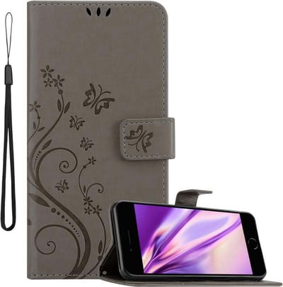 Cadorabo Hoesje geschikt voor Apple iPhone 7 / 7S / 8 / SE 2020 in BLOEMEN GRIJS - Beschermhoes in bloemmotief met magnetische sluiting, standfunctie en kaartsleuven Book Case Cover Etui