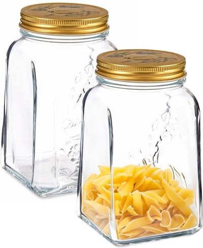 Pasabahce Voorraadpot/bewaarpot Square - 2x - glas - 1L - transparant/goud - 10 x 17 cm - luchtdicht