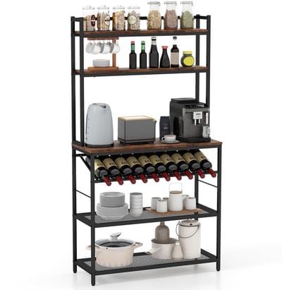 COSTWAY Staand keukenrek, bakkersrek met wijnhouder, tot 10 flessen, magnetronrek met werkblad en 5 planken, vintage industrieel rek, metaal, staand rek voor keuken en eetkamer, bruin