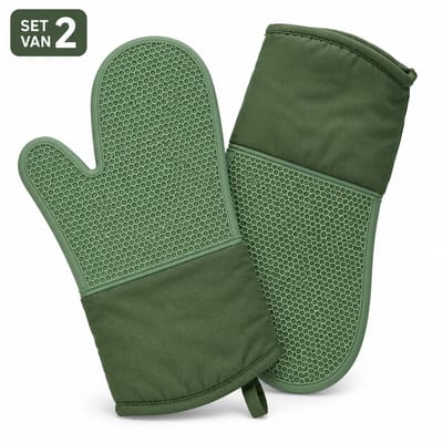 Benza Ovenwanten Set van 2 – Siliconen & Katoen – Antislip Ovenhandschoenen – Hittebestendig tot 250°C – Groen – 31,5 x 18,5 cm