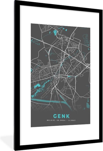 Fotolijst incl. Poster - Kaart – Plattegrond – Stadskaart – Genk – België - Grijs - 60x90 cm - Posterlijst