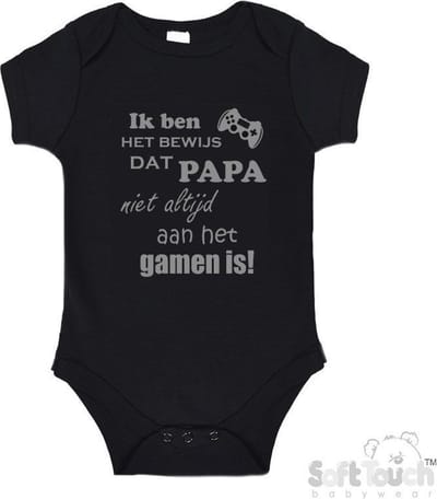 100% katoenen Romper "Ik ben het bewijs dat PAPA niet altijd aan het gamen is!" Unisex Katoen Zwart/grijs Maat 56/62