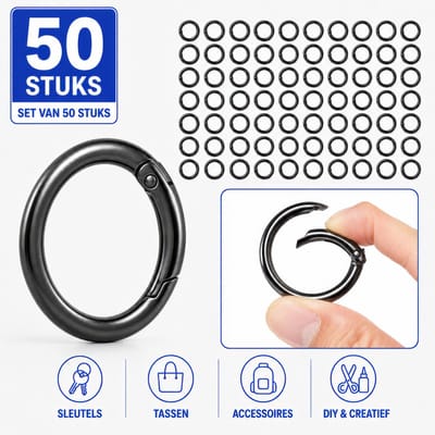 50 Stuks Ronde Karabijnhaak 25mm Sleutelringen - Musketonhaak Sleutelhangers voor Volwassenen - Mini Musketon en ringetjes - Auto Klein Carabiner Sleutel Hanger, Houder - Karabijn haak ringen - Keychain Karabijnsluiting - Klikringen - Zwart