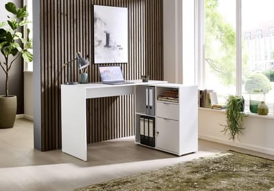 Dailygoods- Hoekbureau Leni - Plankhouder met afsluitbare deur - 1 lade - Ruimte voor 8 ordners - 3 open vakken - Afmetingen 110 x 74 x 50 cm - Bureau