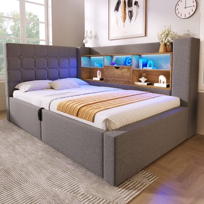 DESMIU Gestoffeerd Bed 90x200 cm – Ledverlichting En Oplaadpoorten – Hydraulische Opbergruimte – L-Vormig Hoofdbord – Linnen – Grijs – Zonder Matras