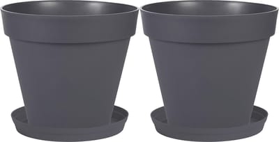 Set van 2x stuks bloempotten Toscane kunststof antraciet D30 x H26 cm inclusief onderschalen D23 cm - Plantenpotten set