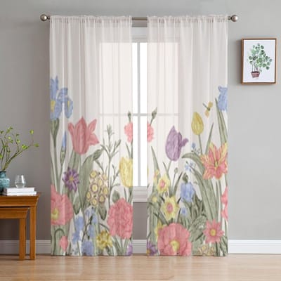 Lente Bloemen Transparante Gordijnen Voor Woonkamer Raam Transparant Voile Tule Gordijn Slaapkamer Draperieën Huisdecoratie 135W x 114H(cm) white