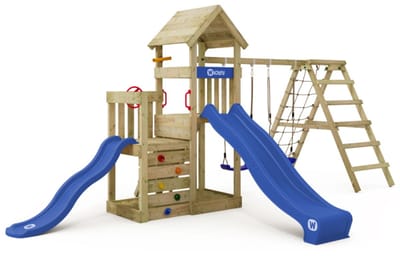 Wickey - Speeltoestel SkyFlyer - met 2 glijbanen en klimaanbouw - Speelhuis, Speeltoestel, Klimtoestel, Klimrek, Glijbaan, Schommel, Zandbak - Blauw