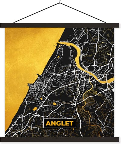Posterhanger incl. Poster 60x60 cm - Schoolplaat - Stadskaart - Anglet - Stadskaart - Frankrijk - Kaart - Textielposter - Zwarte latten