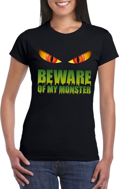 Halloween t-shirt zwart dames met enge ogen - Beware of my monster M