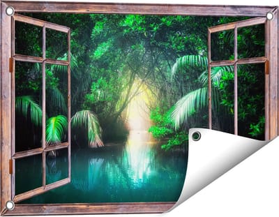 Gards Tuinposter Doorkijk Tropische Jungle met een Turquoise Meer - 60x40 cm - Tuindoek - Tuindecoratie - Wanddecoratie buiten - Tuinschilderij