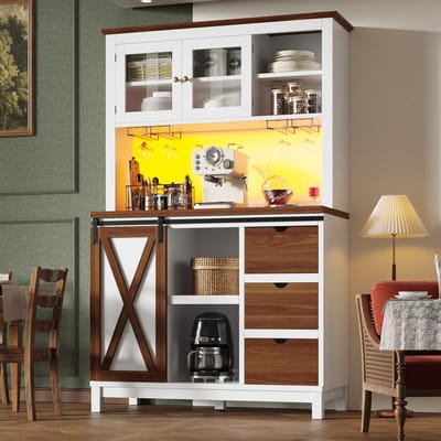 DESMIU Keukenkast - Hoge Opbergkast Met Ledverlichting En Schuifdeur - Voor Keuken En Eetkamer - Glas Metaal En MDF - 104x40x180 Cm - Wit